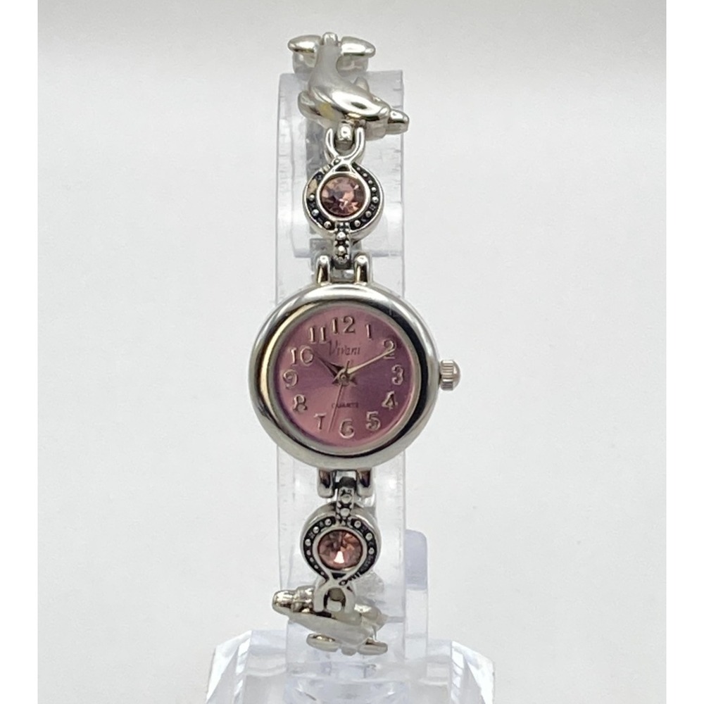 Vivani Women's Watch Dolphin 21mm Silver Tone Pink Crystals New Battery 6.5"